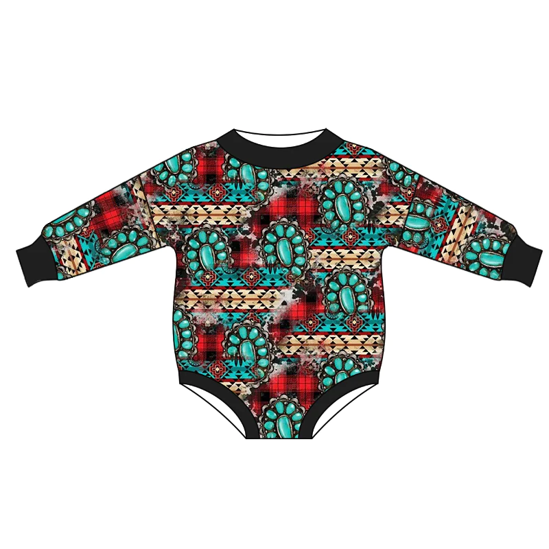 (Custom Design MOQ 5) Turquoise Aztec Print Baby Christmas Romper