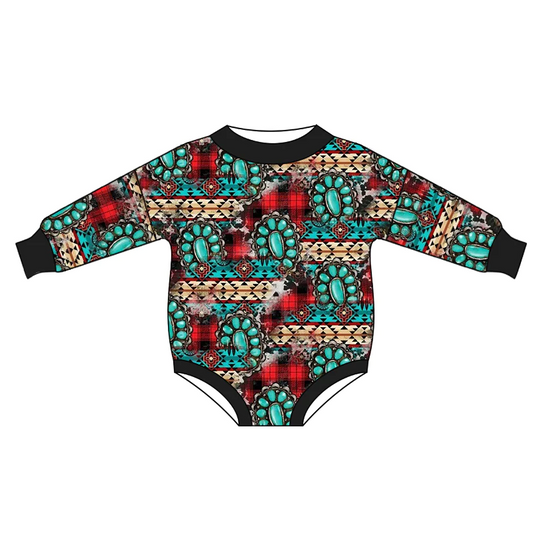 (Custom Design MOQ 5) Turquoise Aztec Print Baby Christmas Romper