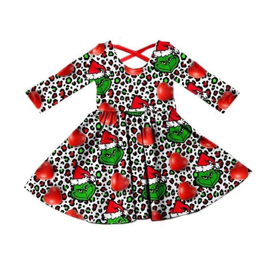 (Custom Design MOQ 5)  Christmas Frog Face Leopard Print girls knee length dress