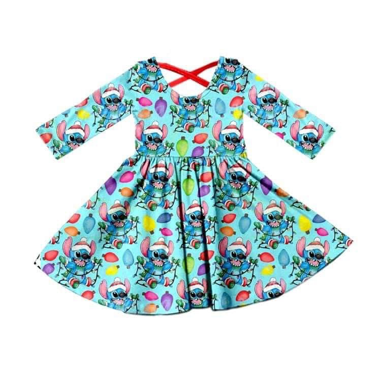 (Custom Design MOQ 5) Christmas Cartoon Animal Print girls knee length dress