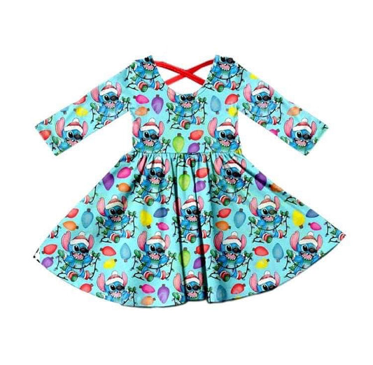 (Custom Design MOQ 5) Christmas Cartoon Animal Print girls knee length dress