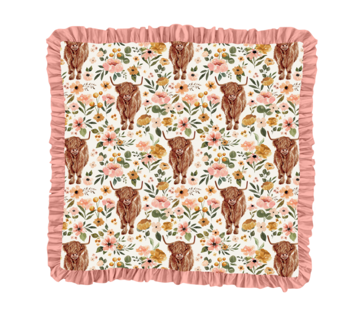 (Custom Design MOQ 5)  Highland Cow Flowers Print Baby Girls Ruffle Blanket