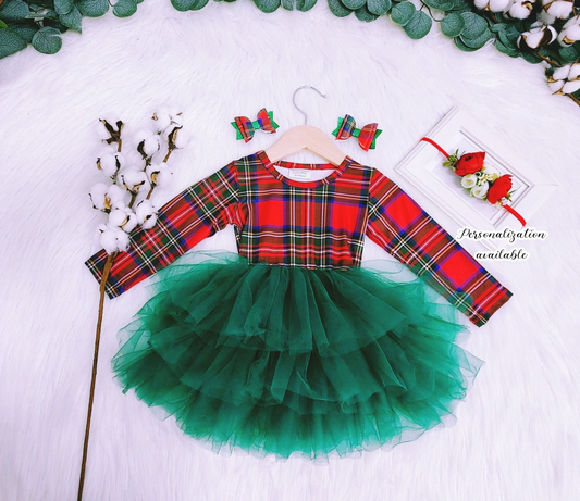 (Custom Design MOQ 5) Red Plaid Top Green Tulle Girls Christmas Knee Length Dress