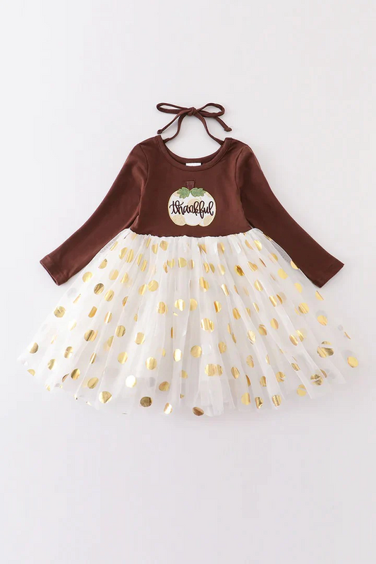 (Custom Design MOQ 5) Brown Pumpkin Top Dots Tulle Girls Thankful Knee Length Dress