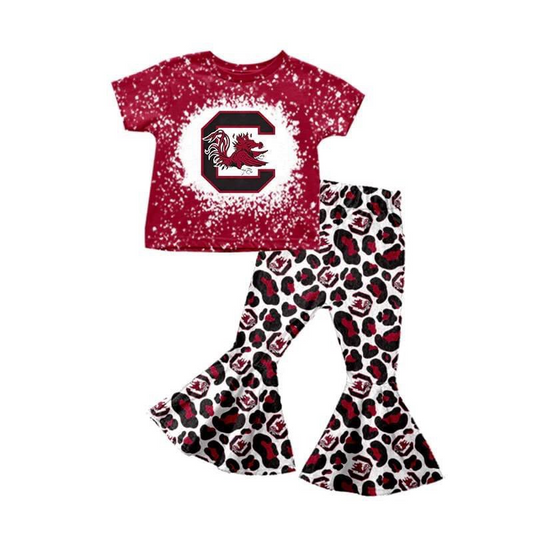 (Custom Design MOQ 5)  Wine Football Team's Leopard Bell Pants Girls Clothes Set