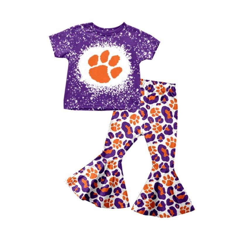 (Custom Design MOQ 5) Purple Football Team's Leopard Bell Pants Girls Clothes Set