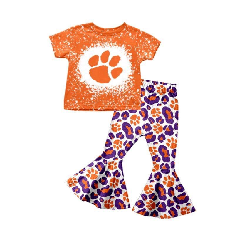 (Custom Design MOQ 5) Orange Football Team's Leopard Bell Pants Girls Clothes Set