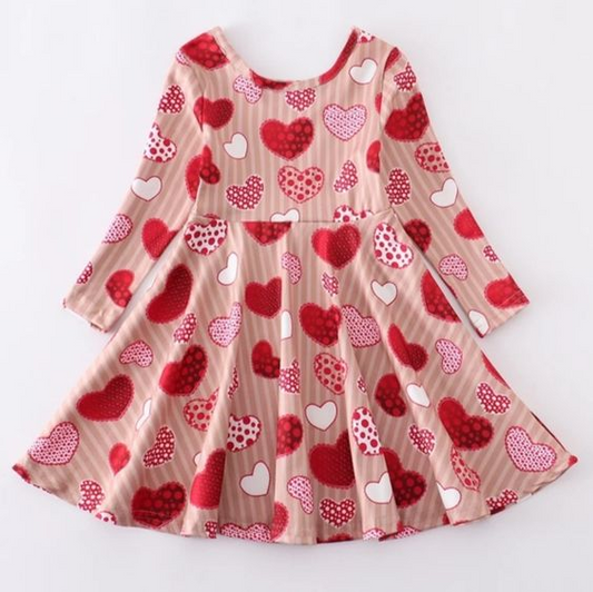 (Custom Design MOQ 5) Red Pink Heart Print Girls Knee Length Valentine's Dress