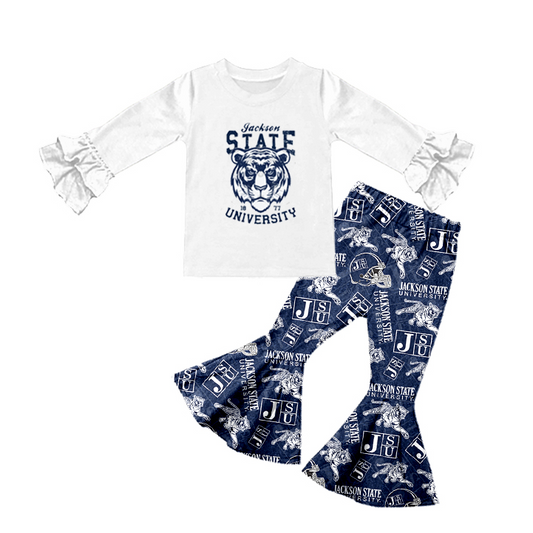 (Custom Design MOQ 5) Navy Tiger Football Team's Bell Pants Girls Clothes Set