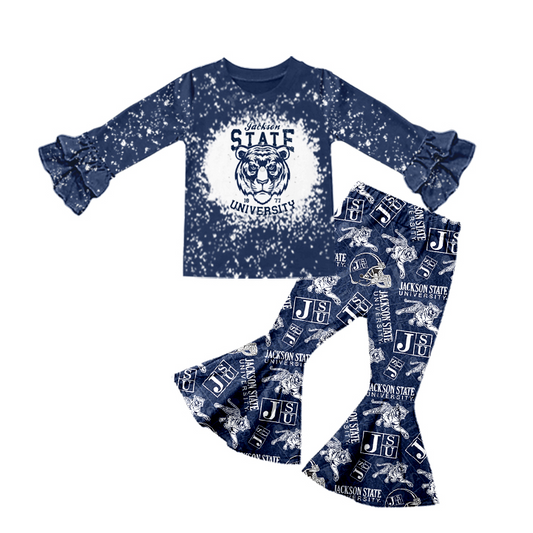 (Custom Design MOQ 5) Navy Football Team's Bell Pants Girls Clothes Set