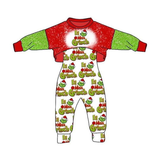 (Custom Design MOQ 5)  Cute Christmas Frog Face Girls Jumpsuits Clothes Set