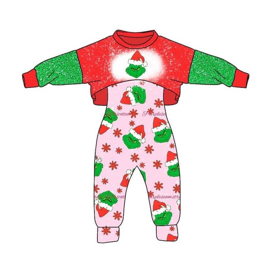 (Custom Design MOQ 5) Pink Christmas Frog Face Girls Jumpsuits Clothes Set