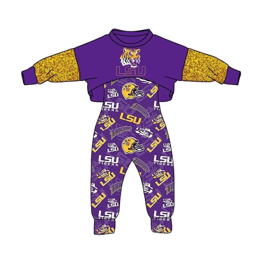 (Custom Design MOQ 5)  Purple Football Team's Girls Jumpsuits Clothes Set