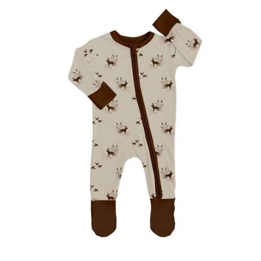 (Custom Design MOQ 5) Brown Duck Dog Print Baby Footed Romper