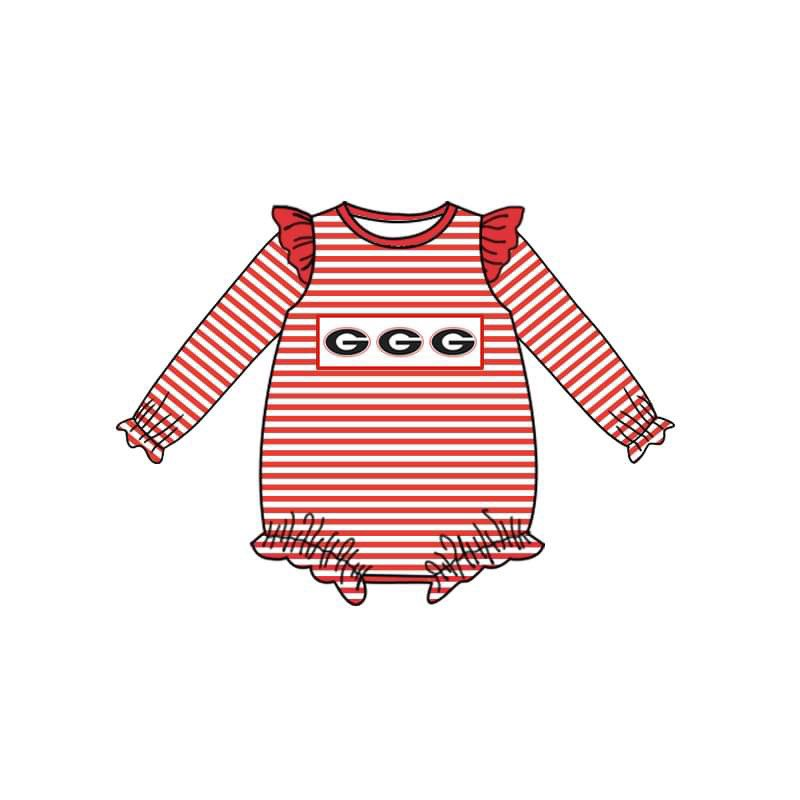 (Custom Design MOQ 5) Red Stripes Football Team's G Print Baby Girls Romper