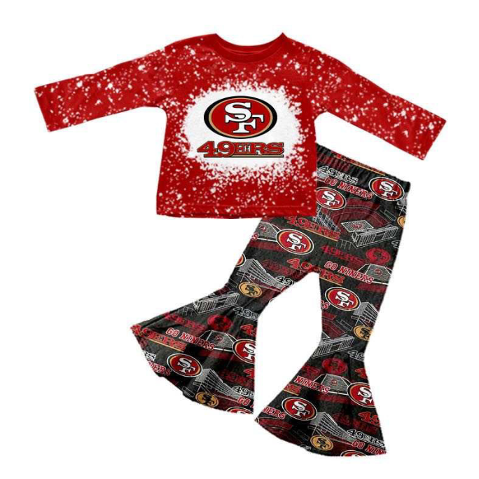 (Custom Design MOQ 5) Red SF Football Team's Bell Pants Girls Clothes Set