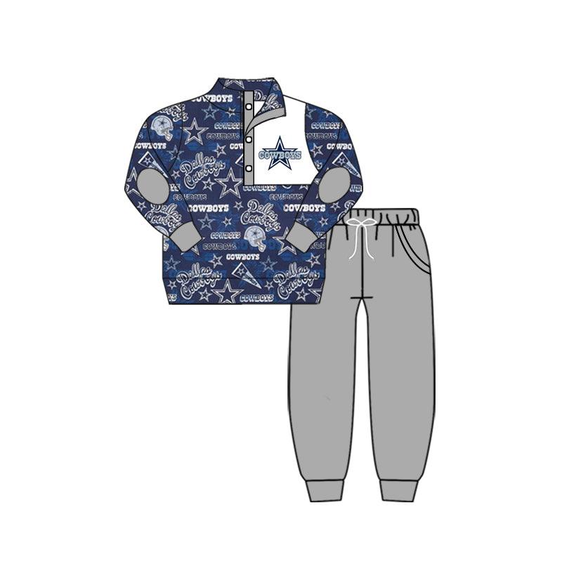 (Custom Design MOQ 5) Navy Star Football Team's print button pullover shirts pants boys fall clothes set