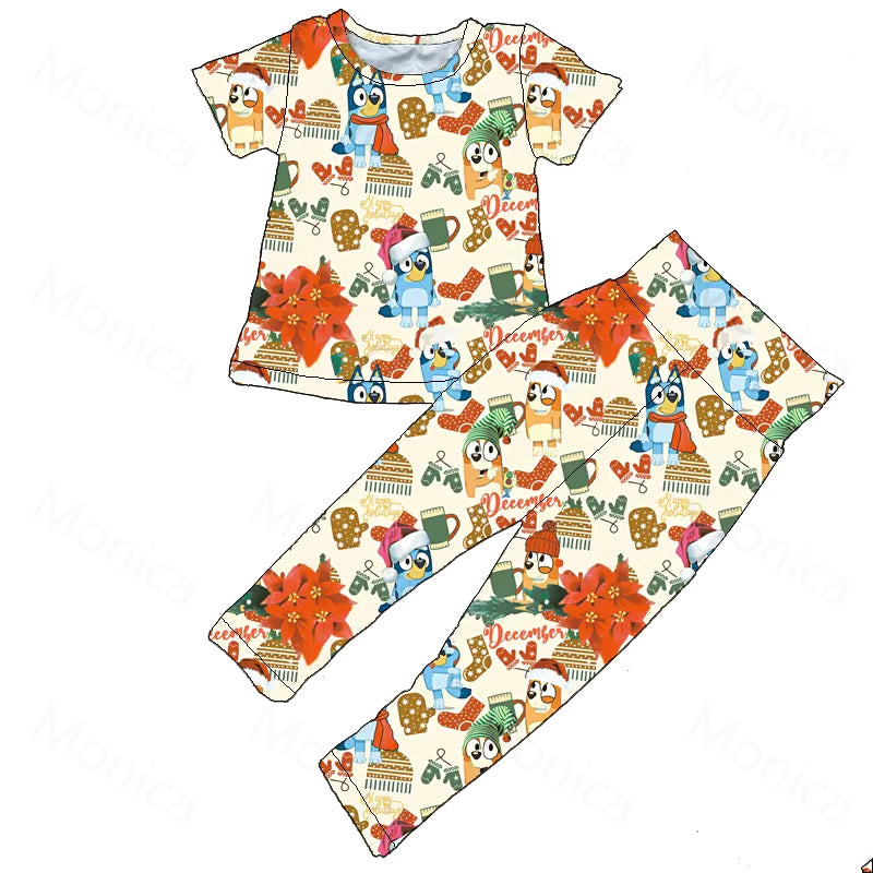 (Custom Design MOQ 5) Cartoon Dog Flowers Print Girls Christmas Clothes Set