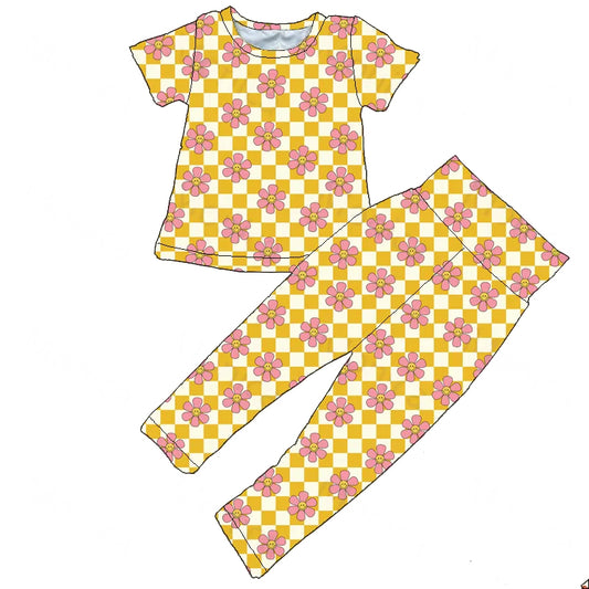 (Custom Design MOQ 5) Yellow Plaid Flowers Print Girls Clothes Set