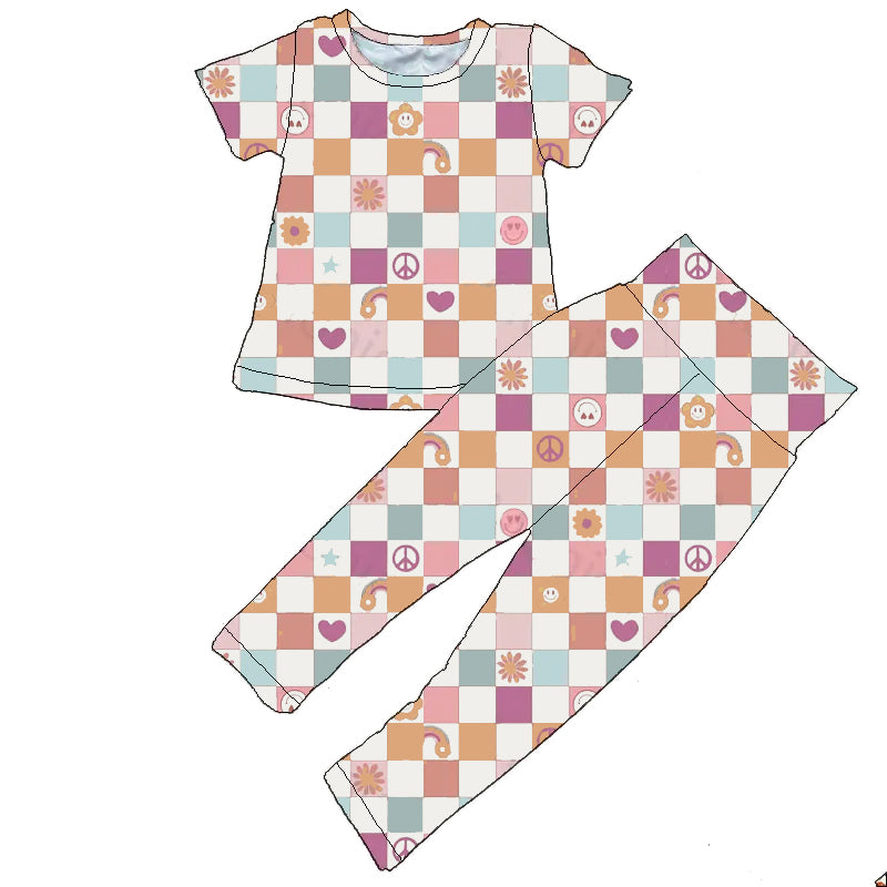 (Custom Design MOQ 5) Colorful Plaid Smiling Face Print Girls Clothes Set