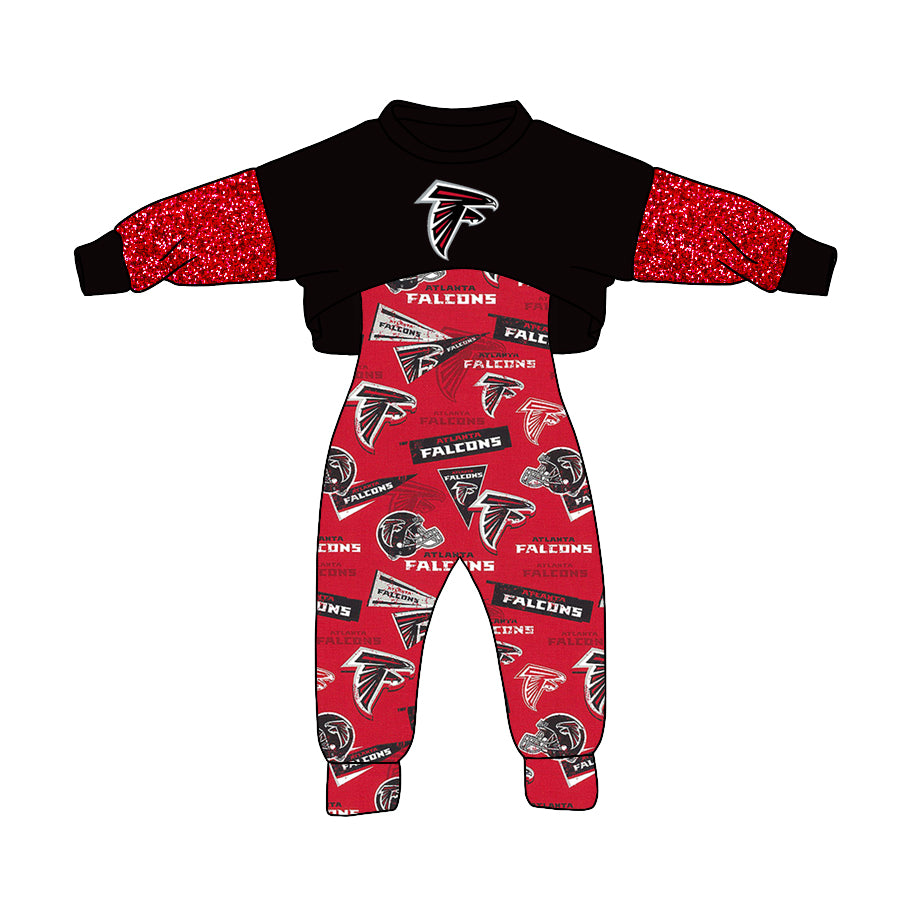 (Custom Design MOQ 5) Red Football Team's Girls Jumpsuits Clothes Set