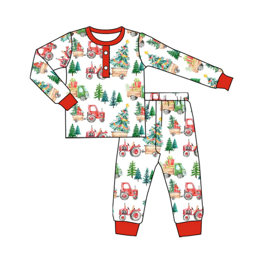 (Custom Design MOQ 5) Christmas Tree Truck Boys Pajamas Clothes Set