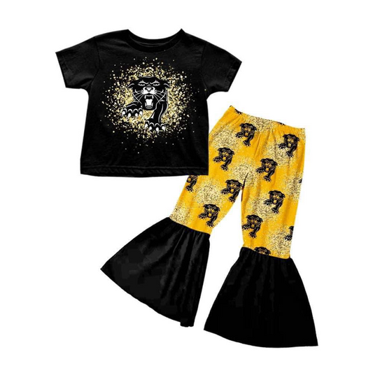 (Custom Design MOQ 5)  Black Football Team's Bell Pants Girls Clothes Set