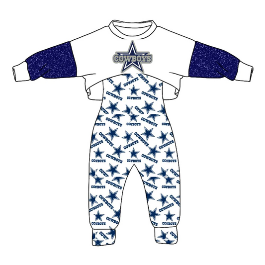 (Custom Design MOQ 5) Navy Football Team's Girls Jumpsuits Clothes Set