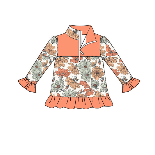 (Custom Design MOQ 5) Orange Flowers Print Zip Pullover Girls Tee Shirts Top