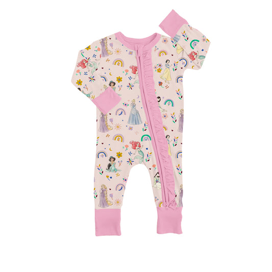 (Custom Design Preorder MOQ 5)Pink Flowers Princess Print Baby Girls Zip Romper