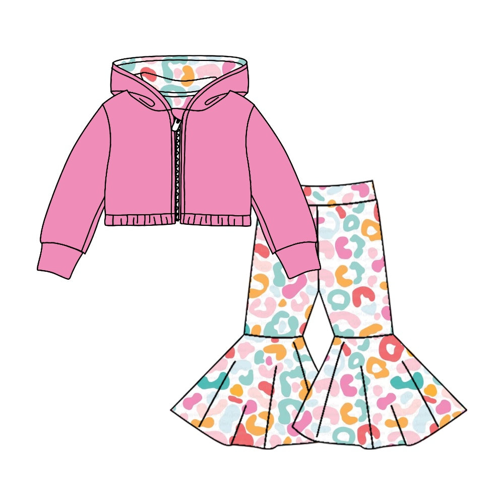 (Custom Design MOQ 5) Pink Hoodie Jacket Top Colorful Leopard Bell Pants Girls Valentine's Day Clothes Set