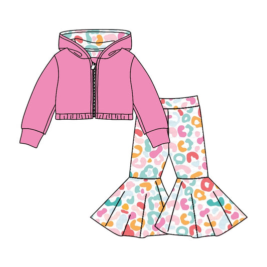 (Custom Design MOQ 5) Pink Hoodie Jacket Top Colorful Leopard Bell Pants Girls Valentine's Day Clothes Set