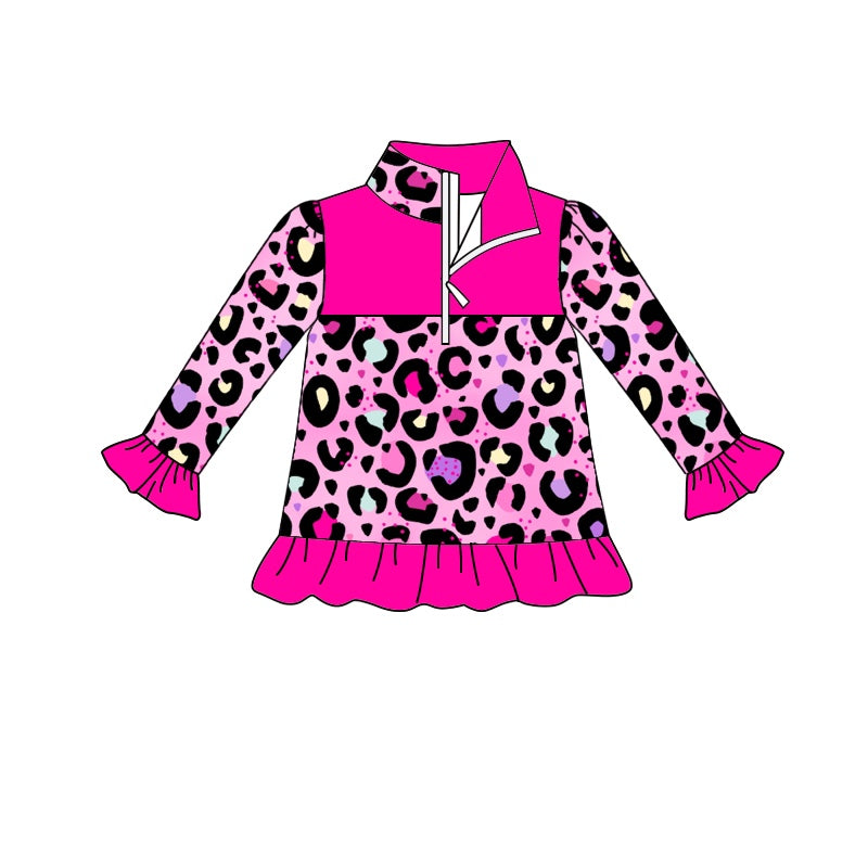 (Custom Design MOQ 5) Hot Pink Leopard Print Zip Pullover Girls Valentine's Day Tee Shirts Top