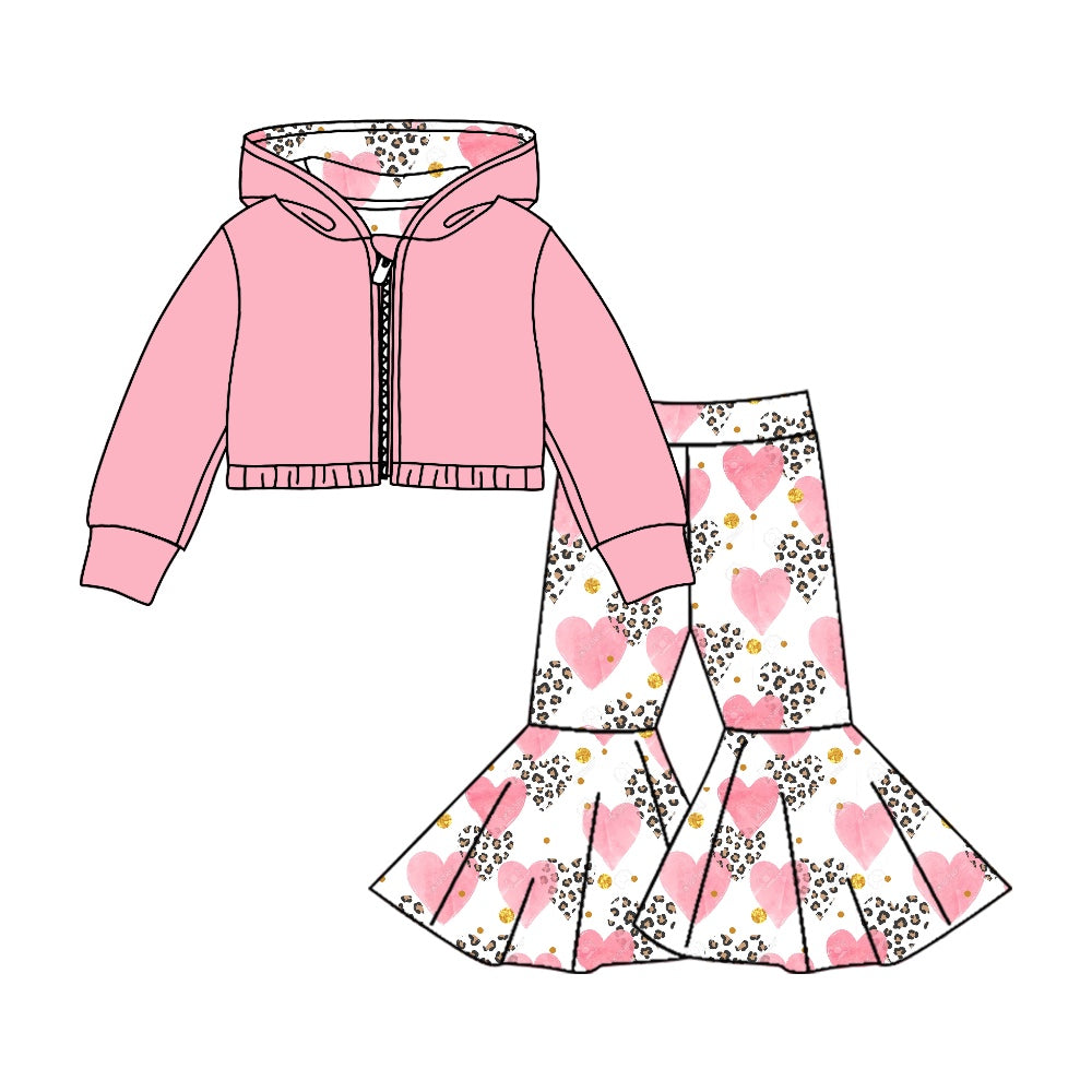 (Custom Design MOQ 5) Pink Hoodie Jacket Top Heart Leopard Bell Pants Girls Valentine's Day Clothes Set