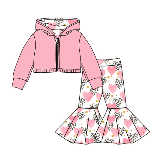 (Custom Design MOQ 5) Pink Hoodie Jacket Top Heart Leopard Bell Pants Girls Valentine's Day Clothes Set