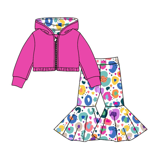 (Custom Design MOQ 5) Hot Pink Hoodie Jacket Top Colorful Leopard Bell Pants Girls Valentine's Day Clothes Set