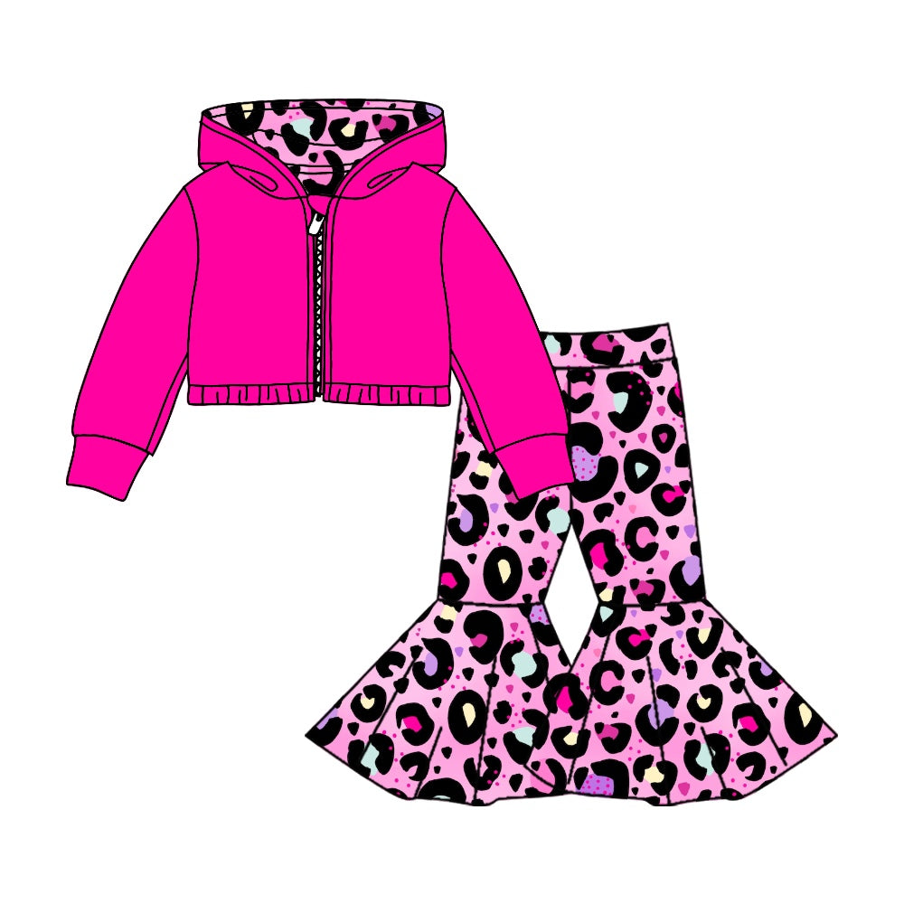 (Custom Design MOQ 5) Hot Pink Hoodie Jacket Top Leopard Bell Pants Girls Valentine's Day Clothes Set