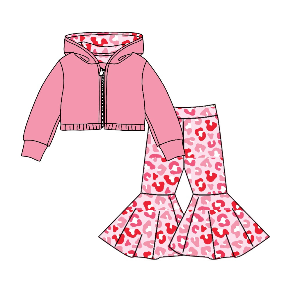 (Custom Design MOQ 5) Pink Hoodie Jacket Top Leopard Bell Pants Girls Valentine's Day Clothes Set