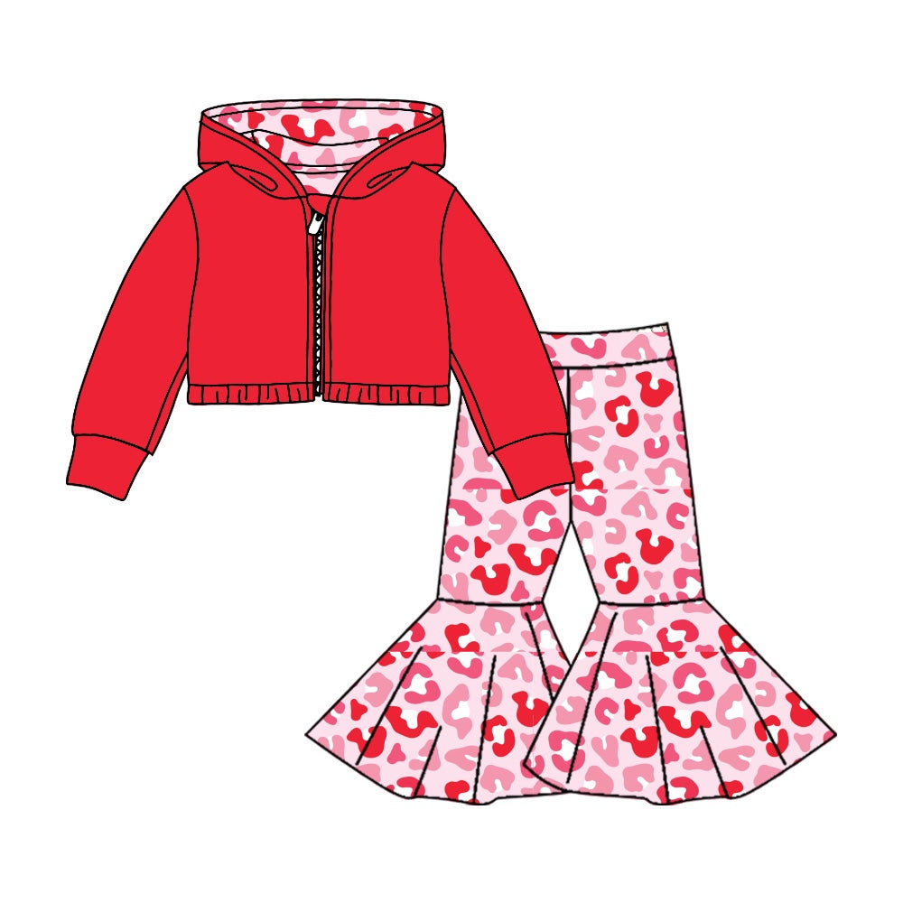 (Custom Design MOQ 5) Red Hoodie Jacket Top Leopard Bell Pants Girls Valentine's Day Clothes Set