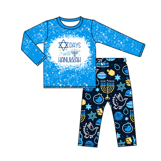 (Custom Design MOQ 5)  Blue Hanukkah Print Boys Clothes Set