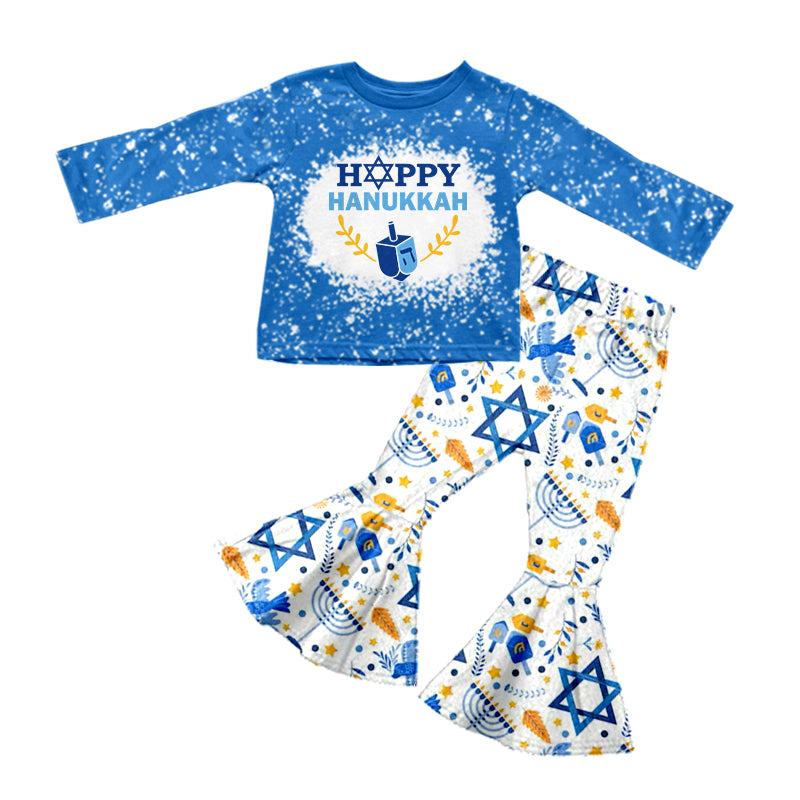 (Custom Design MOQ 5)  Blue Happy Hanukkah Print Bell Pants Girls Clothes Set