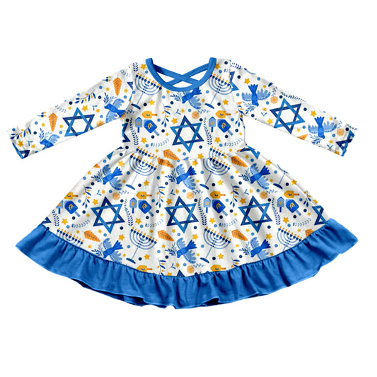 (Custom Design MOQ 5)  Blue Hanukkah Print Girls Knee Length Dress