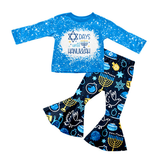 (Custom Design MOQ 5)  Blue Hanukkah Print Bell Pants Girls Clothes Set