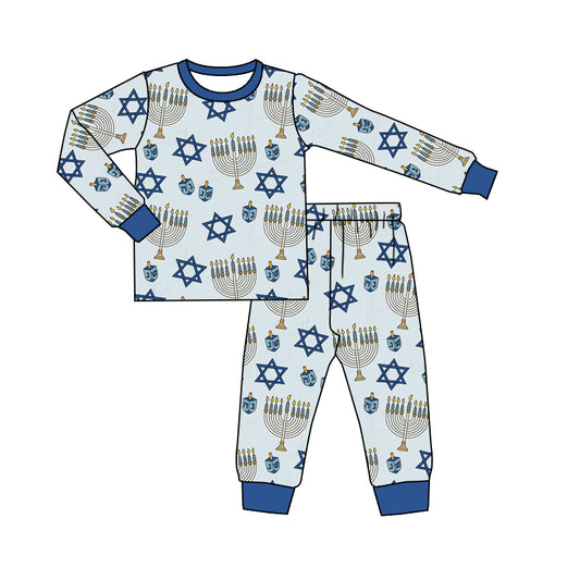 (Custom Design MOQ 5)  Blue Hanukkah Print Boys Pajamas Clothes Set