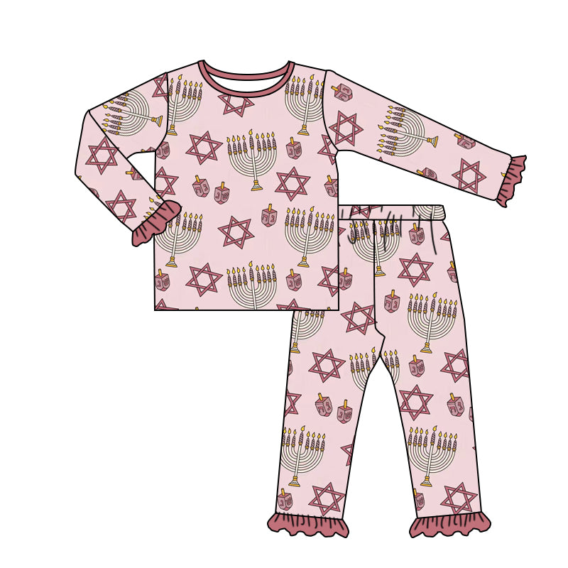 (Custom Design MOQ 5)  Pink Hanukkah Print Girls Pajamas Clothes Set