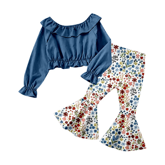 (Custom Design MOQ 5)  Dark Blue Flowers Print Bell Pants Girls Clothes Set