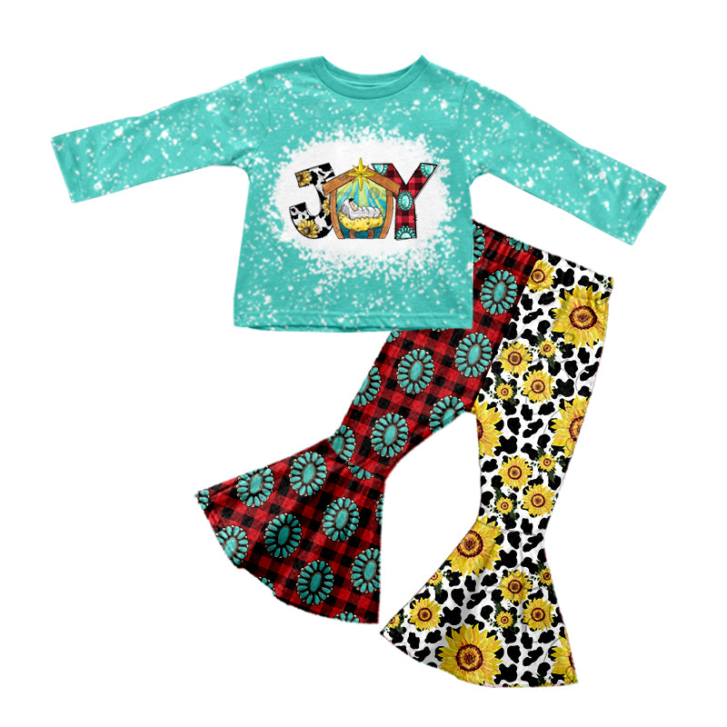 (Custom Design MOQ 5) Joy Nativity Flowers Print Bell Pants Girls Clothes Set