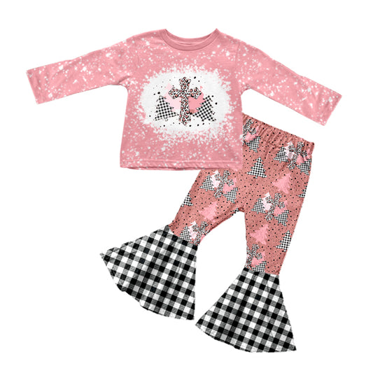 (Custom Design MOQ 5) Pink Leopard Cross Print Bell Pants Girls Clothes Set