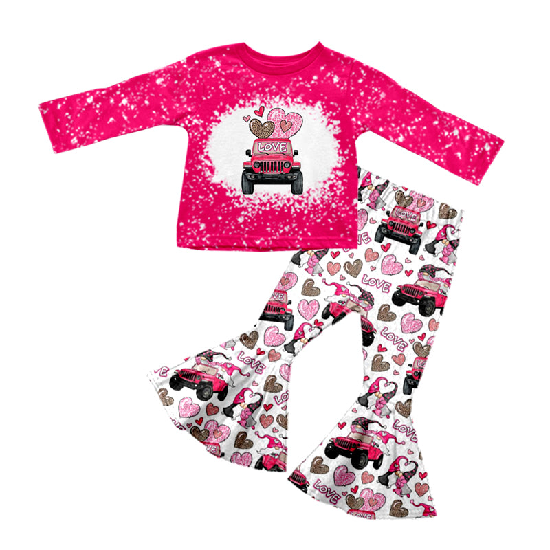 (Custom Design MOQ 5)  Hot Pink Heart Truck LOVE Print Bell Pants Girls Valentine's Day Clothes Set