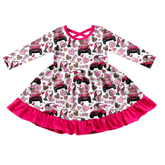 (Custom Design MOQ 5)  Hot Pink Heart Truck LOVE Print Girls Knee Length Valentine's Day Dress